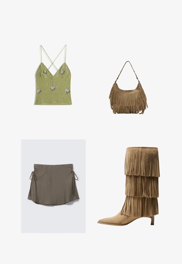 Olivovo zelená tielko s véčkovým výstrihom, nastaviteľnými krížovými ramienkami, ozdobené striebornou kvetinovou výšivkou a detailmi z korálok.; Hnedá krátka sukňa s nastaviteľnými bočnými viazaniami a zhŕňaním na oboch stranách, vystavená na jednoduchom bielom pozadí.; Krajkové členkové topánky z hnedej semišovej kože s tromi vrstvami franje. Špicatá špička a nízky blokový podpätok. Hladká štruktúra po celej ploche.; Hnedá zamková kabelka s dlhými strapcami, zakriveným tvarom a jedným ramenným popruhom. Má hladký, textúrovaný povrch.