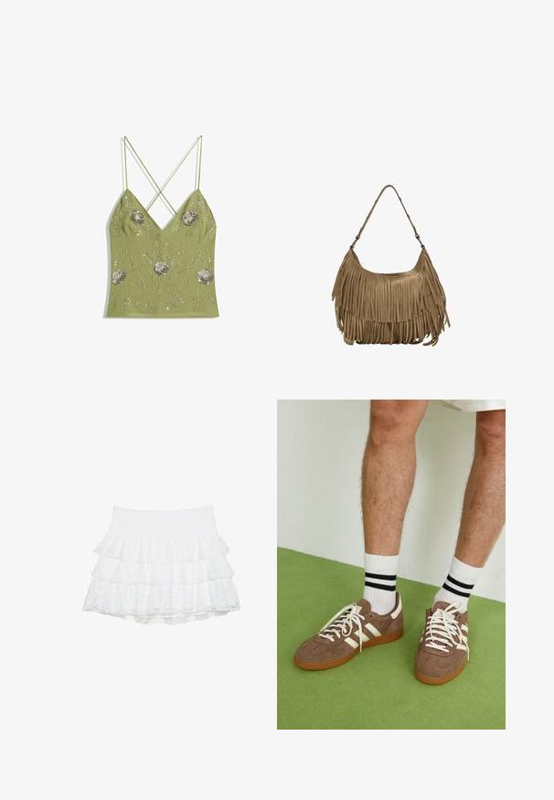 Maslinasto zeleni top s V izrezom, podesivim križnim naramenicama, ukrašen srebrnim cvjetnim vezom i detaljima od perlica.; Bijela mini suknja s više slojeva od teksturirane čipke sa tri sloja. Elastična pijega omogućava rastezanje. Nema dodatnih ukrasa.; Smeđe nubuk tenisice s bijelim detaljima i vezicama. Gumeni potplat. Nosene s bijelim čarapama s crnim prugama. Zeleno teksturirano pod.; Smešena smeđa suđena torba s dugim resicama, zakrivljenim oblikom i jednim remenom za rame. Ima glatku, teksturiranu površinu.