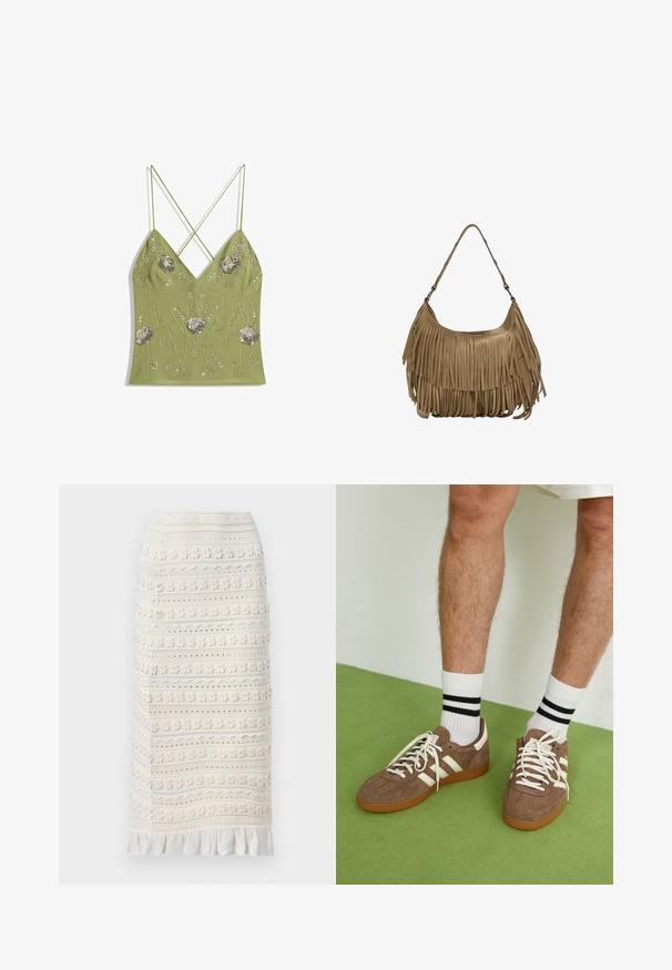 Olivgrünes Unterhemd mit V-Ausschnitt, verstellbaren Kreuzträgern und verziert mit silberner floraler Stickerei und Perlendetails.; sandro JUPE MIDI DETAILS - Bleistiftrock - ecru; Braune Wildleder-Sneaker mit weißen Akzenten und Schnürsenkeln. Gummisohle in Kautschuk-Optik. Getragen mit weißen Socken, die schwarze Streifen haben. Grüner strukturierter Fußboden.; Braune Wildleder-Handtasche mit langen Fransen, einer geschwungenen Form und einem einzelnen Schultergurt. Verfügt über eine glatte, strukturierte Oberfläche.