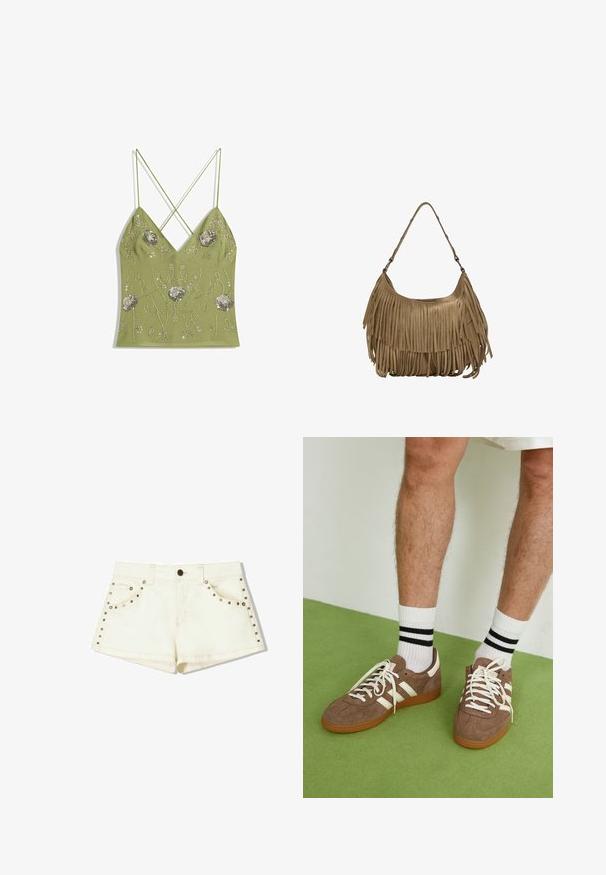 Olivegrön topp med V-ringning, justerbara korsade axelband, prydd med silverfärgad blommönster broderi och pärldetaljer.; Bershka Shorts - white; Bruna mockaskor med vita detaljer och snören. Gummisula i beige. Bärs med vita strumpor med svarta ränder. Grön strukturerad golvyta.; Brun mockaskinns väska med långa fransdetaljer, en böjd form och ett enda axelband. Har en jämn, strukturerad yta.