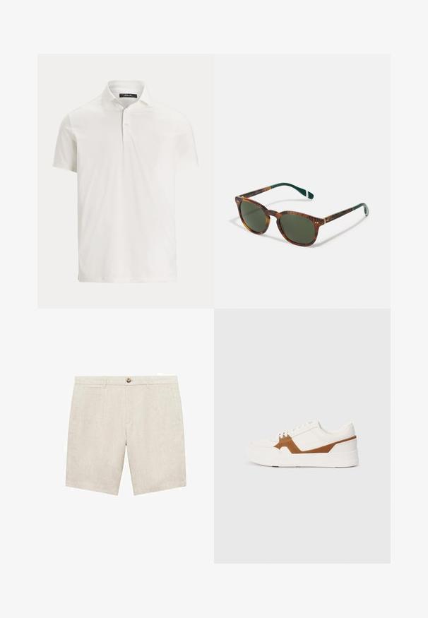 Miesten valkoinen lyhythihainen poolopaita, jossa on kaulus, kaksi nappia ja hillitty logolappu kauluksen sisäpuolella.; Vaaleanbeiget pellavashortsit, joissa on napitus, kaksi sivutaskua ja sileä pinta. Lahkeen pituus on polven yläpuolella.; Valkoinen lenkkari, jossa on ruskeat mokka-akcentit, teksturoitu pinta, pyöreä kärki, paksu pohja ja perinteinen nauhakiinnitys.; Kilpikonnakuosis aurinkolasit, joissa on vihreät linssit, pyöreä muoto, kultaiset yksityiskohdat ja tummanvihreät sankat, joissa on valkoinen raita.