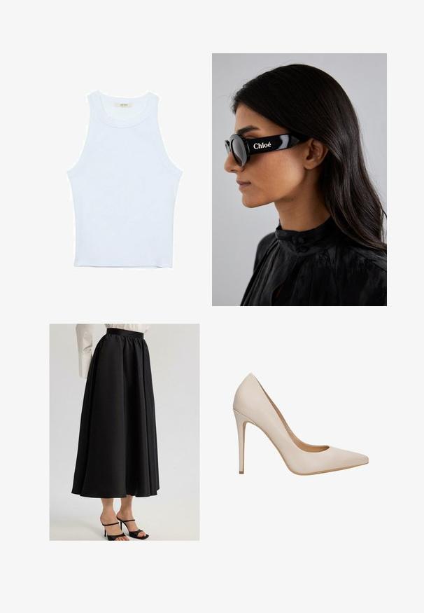 Bílý top bez rukávů, žebrovaná textura, kulatý výstřih, obtáhnutý střih, decentní značka na štítku uvnitř oblasti límce.; Černá maxi sukně vyrobená z hladkého materiálu, s nařaseným pasem a splývavým střihem, v kombinaci s černými sandály na podpatku.; Krémově béžový lodičkový podpatek vyrobený z hladké kůže, s špičatou špičkou, jehlovým podpatkem a nízkým vystřižením po stranách.; Černé sluneční brýle s kulatými skly a výraznými, ostrými rámy, na boku s bílým nápisem "Chloé". Hladký, lesklý povrch.; Kulatté nerezové hodinky se stříbrno-zlatým kovovým náramkem. Bílý ciferník má zlaté akcenty a bezel osázený krystaly.