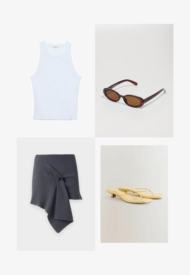 Hvid tanktop, ribbet tekstur, rund halsudskæring, ærmeløs design, tætsiddende form, diskret branding på mærket inden i kraveområdet.; Mørkegrå ribbet omslagsskjørt med et snoet design og en rund sort knapaccent. Fremstillet af et struktureret, strækbart materiale.; Gule lakerede hælede flip-flops med spids tå, tynde stropper og en lille blokhæl. Overfladen er glat med syningsdetaljer.; Runde, bruntonede solbriller med en glansfuld bordeauxramme. Slanke arme med diskret brandingdetalje. Flad linsedesign.; ALDO THALELI - Håndtasker - navy