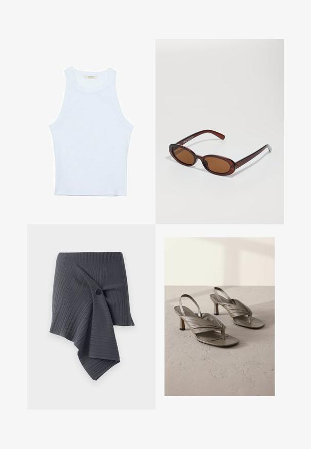 Weißes Tanktop, gerippte Textur, runder Ausschnitt, ärmelloses Design, enganliegende Form, dezente Markenkennzeichnung im Etikett im Kragenbereich.; Dunkelgrauer gerippter Wickelrock mit einem verdrehten Design und einem runden schwarzen Knopf-Akzent. Hergestellt aus einem strukturierten, dehnbaren Material.; Graue Leder-Slingback-High-Heelsandalen mit verdrehten Vorderträgern und quadratischen Zehen, ausgestattet mit einem niedrigen Blockabsatz und texturierter Oberfläche.; Runde, braun getönte Sonnenbrillen mit einem glänzenden burgunderfarbenen Rahmen. Schlanke Bügel mit dezentem Branding. Flaches Linsendesign.; ALDO THALELI - Handtasche - navy