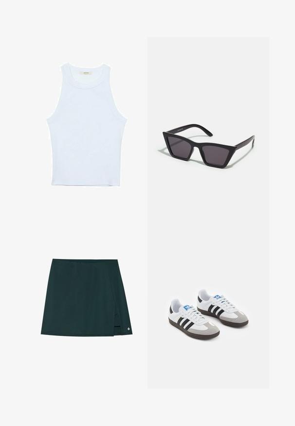 Valkoinen hihaton toppi, ribbed rakenne, pyöreä pääntie, hihaton malli, tiukka muoto, hillitty brändäys kauluksella sisäpuolella.; Tummanvihreä lyhyt hame, jossa on kietaisumalli, sivuhalkio ja huomaamaton logo korostus helman lähellä. Valmistettu sileästä kankaasta.; Urheilukengät, joissa on valkoinen nahkainen päällinen, harmaa mokkanokka ja kolme mustaa raitaa. Ominaisuuksina sininen logo kielekkeessä ja kuvioitu kumipohja.; Mustat, kulmikkaat aurinkolasit harmailla linsseillä; valmistettu muovista, paksuilla varsilla, joissa on sileä pinta ja ilman näkyvää metalliosaa.