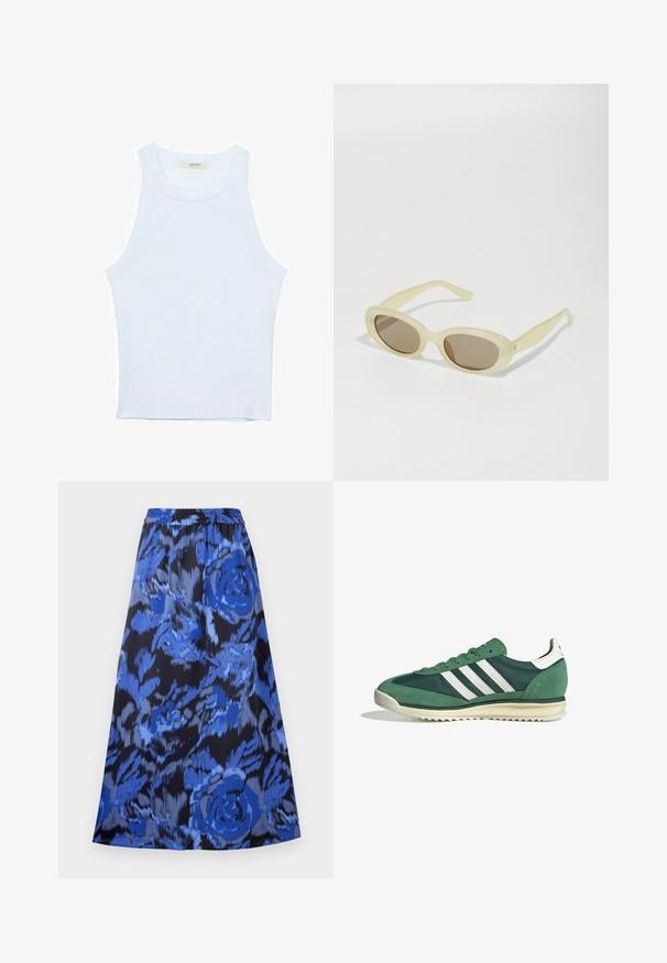 Bílý top bez rukávů, žebrovaná textura, kulatý výstřih, obtáhnutý střih, decentní značka na štítku uvnitř oblasti límce.; Rozšířená sukně v modrém květinovém vzoru na černém pozadí. Elastický pas, lehký materiál a délka do kolen.; Zelené sportovní boty se směsí z semiše a syntetických materiálů, třemi bílými pruhy a texturovanou gumovou podrážkou.; Oválné sluneční brýle s průhledným bledě žlutým rámem a hnědými čočkami. Mají hladkou texturu a jemné kovové akcenty po stranách.; Žlutá skládací kabelka vyrobená z hladké umělé kůže, s jemným tvarem, jedním ramenním popruhem a designem s nařaseným vrškem.