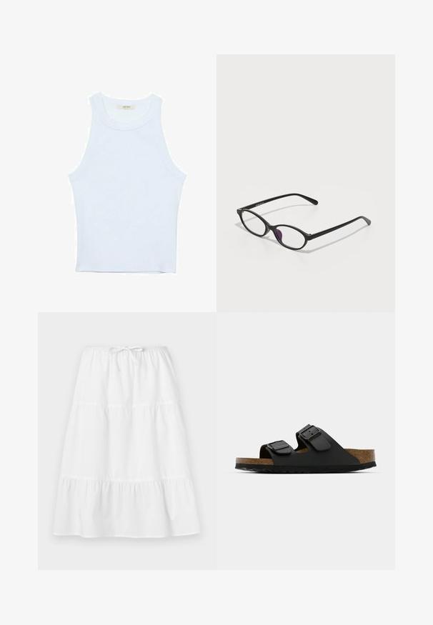 Biele tielko, rebrový textúra, okrúhly výstrih, bezrukávový dizajn, priliehavý strih, diskrétne logo na štítku vo vnútri oblasti goliera.; Bieliznová bavlnená sukňa s plochým pásom na šnurovanie, so zložkami a splývavým dizajnom. Hladká textúra, dĺžka po členky.; Čierne sandále na dvoch remienkoch s nastaviteľnými sponami, korková stielka a textúrovaná gumová podrážka. Vyznačujú sa plochým, otvoreným dizajnom pre jednoduché obúvanie.; Čierne plastové okuliare oválneho tvaru, s priehľadnými šošovkami a jedným fialovým akcentom na ľavej šošovke. Elegantný, minimalistický dizajn.