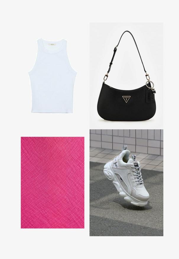 Valkoinen hihaton toppi, ribbed rakenne, pyöreä pääntie, hihaton malli, tiukka muoto, hillitty brändäys kauluksella sisäpuolella.; Kirkas vaaleanpunainen kangas, jossa on teksturoitu pinta, sisältäen vinon kuvion ja hienot viivat, jotka luovat kudotun ilmeen.; Valkoiset tennarit, joissa on verkko- ja nahkamateriaaleja, pyöreä kärki, paksu pohja, erottuvat nauhat sekä brändäys kantapäässä ja kielessä.; Musta synteettinen olkalaukku, jossa on kaareva siluetti, teksturoitu pinta, kultainen kolmion logo ja irrotettavat varusteet.