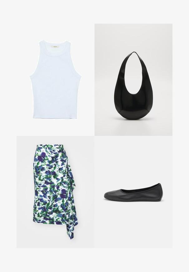 Bela majica bez rukavov, rebrasta tekstura, okrugli izrez, kroj koji prati tijelo, suptilno brendiranje na etiketi unutar ovratnika.; Rožnata obleka v beli barvi, ki ima modre in zelene madeže, mehak material, asimetrični rob in drapirani detajl ob strani.; Črne usnjene balerinke z zaobljenim nosom, gladko teksturo, minimalnimi šivi in fleksibilno zasnovo podplata.; AESTHER EKME OPAL BAG - Torbica - black