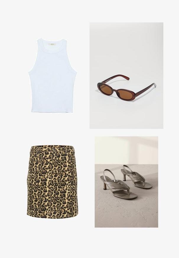 Hvid tanktop, ribbet tekstur, rund halsudskæring, ærmeløs design, tætsiddende form, diskret branding på mærket inden i kraveområdet.; Leopardprint denimnederdel med en tætsiddende pasform, sort og brun mønster på en lys beige bund, med forlommer og en klassisk talje.; Grå læder slingback højhælede sandaler med snoede frontremme og firkantede tåspidser, der har en lav blokhæl og tekstureret overflade.; Runde, bruntonede solbriller med en glansfuld bordeauxramme. Slanke arme med diskret brandingdetalje. Flad linsedesign.; ALDO THALELI - Håndtasker - navy