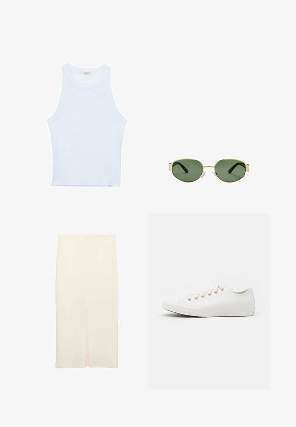 Bijela majica na bretele, rebrasta tekstura, okrugli izrez, bez rukava, uski kroj, suptilno brendiranje na etiketici unutar područja ovratnika.; Krem suknja midi kroja s prilagođenim dizajnom, koja ima prednji prorez kao dodatni detalj, izrađena od glatke tkanine s suptilnom teksturom.; Converse CHUCK TAYLOR ALL STAR - Tenisice - vintage white/light gold; Smešak sunčanih naočala s okvirom zlatne boje i zelenim nijansama, ovalnog oblika, crnim drškama i prozirnim jastučićima za nos. Čist, minimalistički dizajn.; Zlatni pravokutni ručni sat s bijelim brojčanikom, srebrnim oznakama sati i dugotrajnom metalnom narukvicom. Uključena značajka vodootpornosti.