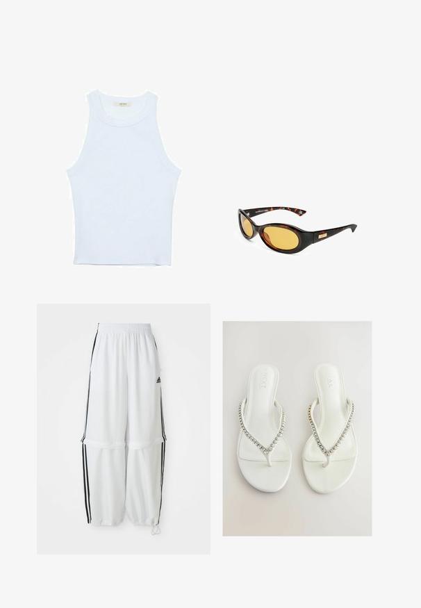 Vit linne med ribbat mönster, rund halsringning, ärmlös design, figurnära passform, diskret logotyp på etiketten inuti halsringningen.; Vita atletiska byxor med avslappnad passform, elastisk midja och svarta sidostripes. Har dragkedjefickor och elastiska mudd vid anklarna.; Vita flip-flops med en slät yta, som har ett V-format band prytt med klara, glittrande rhinestones. Enkelt och stilrent design.; Sköldpaddsformade solglasögon med ovala, gula linser. Slät plastbåge, med en lätt cat-eye form, med en guldaccent på sidan.; Stradivarius SET - Armband - dark brown