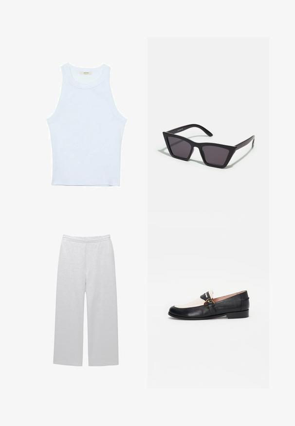 Bela majica bez rukavov, rebrasta tekstura, okrugli izrez, kroj koji prati tijelo, suptilno brendiranje na etiketi unutar ovratnika.; Bele široke hlače iz mehkega materiala z elastičnim pasom in dvema stranskima žepoma; gladka tekstura in minimalno okrasje.; Črne in bež usnjene loafer čevlje z okroglo konico, opremljene z zlatim zaponko na stransko naramnico in nizko, ravno peto.; Črne, angularne sončne očala z sivimi lečami; izdelana iz plastike, imajo debele ročke z gladko površino in brez vidne opreme.