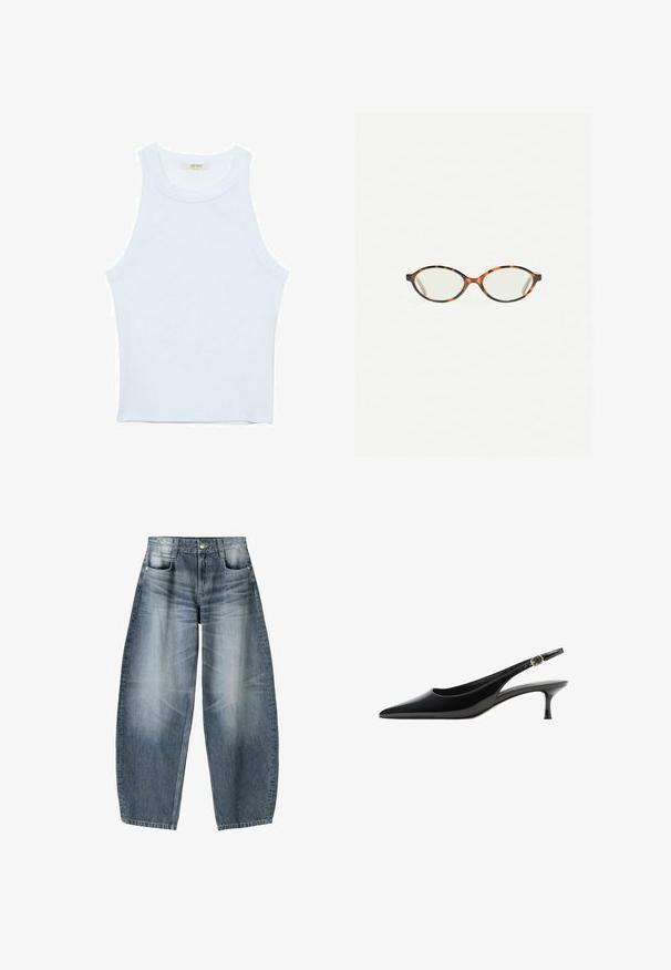 Vit linne med ribbat mönster, rund halsringning, ärmlös design, figurnära passform, diskret logotyp på etiketten inuti halsringningen.; Vidjeans i ljusblå denim med blekningar, som har en femficksdesign, knappgylf och minimala sömnadsdetaljer.; Svart lackslip-in klackar med spetsig tå, slank klack och spänne på remmen. Slät textur och stilren design.; Sköldpaddsmönstrade glasögon med ovala linser och en elegant, slät yta. Har tunna sidor med en subtil kurva vid tinningarna. Klara linser.