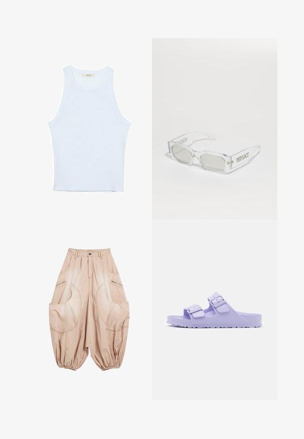 Biały top bez rękawów, prążkowana tekstura, okrągły dekolt, dopasowany krój, subtelne logo na metce wewnątrz obszaru kołnierza.; Beżowe luźne spodnie wykonane z lekkiego materiału, z dużymi kieszeniami, elastycznymi mankietami i widocznymi akcentami szwów.; Fioletowe sandały z żywicy z dwiema regulowanymi paskami, matowym wykończeniem i fakturowaną podeszwą. Lekka konstrukcja idealna do codziennego użytku.; Przezroczyste plastikowe okulary przeciwsłoneczne z szarymi soczewkami, prostokątny kształt, wytłoczone logo "Versace" na zausznikach, prezentujące nowoczesny design.