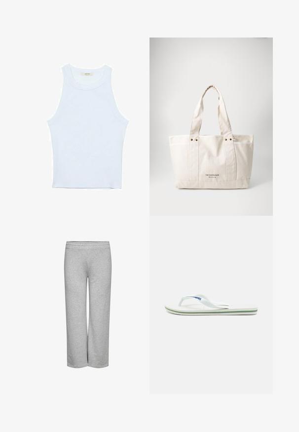 Vit linne med ribbat mönster, rund halsringning, ärmlös design, figurnära passform, diskret logotyp på etiketten inuti halsringningen.; Grå sweatpants med bred bendesign, mjuk textur och elastisk midja, utan synliga mönster eller metalldetaljer.; Vita flip-flop med en texturerad fotbädd, smala remmar och en flerfärgad accentlinje på sulan. Har logotyp på remmen.; Canvas tote väska i ljusbeige med två robusta handtag, kontrasterande vit kant, och logotypen "THE NORTH FACE" i svart på framsidan.