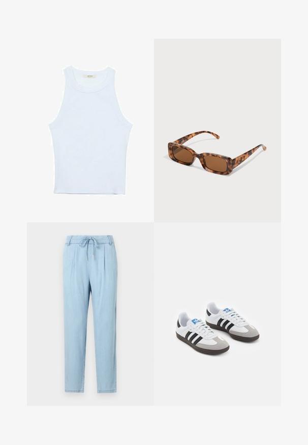 Bela majica bez rukavov, rebrasta tekstura, okrugli izrez, kroj koji prati tijelo, suptilno brendiranje na etiketi unutar ovratnika.; Svetlo modri hlače iz mešanice lana z elastiko v pasu, ožji nogi in stranskimi žepi. Gladka tekstura; brez vidnih vzorcev ali dodatkov.; Športni čevlji z belim usnjenim zgornjim delom, sivim semišem na prstih in tremi črnimi črtami. Imajo modro logo na jeziku in teksturiran gumijast podplat.; Želve sunčane naočale s pravokutnim smešnim lećama, debelim okvirom i tankim ručkama s uzorkom različitih nijansi smeđe boje.