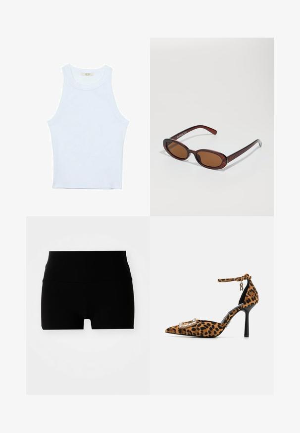Bílý top bez rukávů, žebrovaná textura, kulatý výstřih, obtáhnutý střih, decentní značka na štítku uvnitř oblasti límce.; Černé šortky s vysokým pasem, vyrobené z hladkého, elastického materiálu a jednoduchého, přiléhavého designu. Žádné viditelné vzory nebo kovové prvky.; Lodička s leopardím potiskem, vysokým podpatkem a špičatou špičkou, z sametového materiálu, s kotníkovým páskem a sponou zdobenou krystaly. Černý stiletto podpatek.; Kulaté sluneční brýle hnědé barvy s lesklým burgundským rámem. Úzké nožičky s jemným logem. Rovné čočky.; Hromádka dvou prstenů; horní je jantaru s vířením a dolní je světle béžová; oba jsou hladké a lesklé pryskyřice.