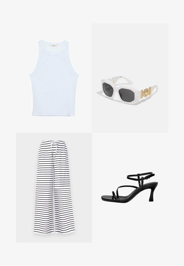 Bijela majica na bretele, rebrasta tekstura, okrugli izrez, bez rukava, uski kroj, suptilno brendiranje na etiketici unutar područja ovratnika.; Široke hlače od bijelog materijala, s crnim horizontalnim prugama. Elastična zona struka s uvezu za prilagodljivo pristajanje i udobnost.; Crne kožne sandale s potpeticom, s tankim trakicama, kvadratnim prstom i stiletto potpeticom. Podešavajuća traka oko gležnja za bolj fits. Glatka tekstura.; Bijele osmerokutne sunčane naočale s tamnim lećama. Značajke uključuju zlatne akcentne dijelove i teksturirani dizajn na ručkama.