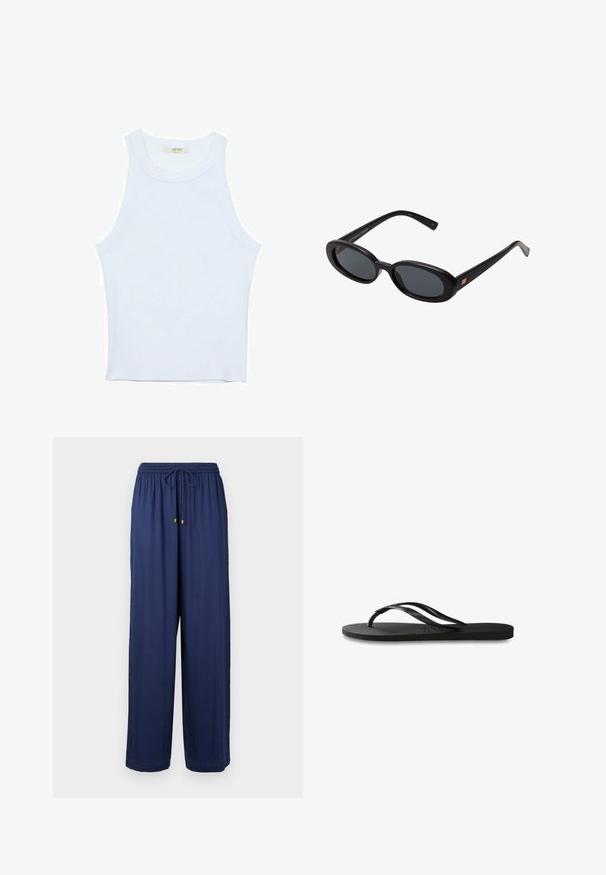 Weißes Tanktop, gerippte Textur, runder Ausschnitt, ärmelloses Design, enganliegende Form, dezente Markenkennzeichnung im Etikett im Kragenbereich.; Marineblaue weit geschnittene Hose mit elastischem Bund und Kordelzug, ausgestattet mit goldenen Metallakzenten an den Enden des Kordelzugs. Weicher Stoffeindruck.; Schwarze Flip-Flops mit einer strukturierten Gummisohle, zwei schlanken Riemen und einem dezenten, geprägten Logo-Detail auf dem Riemen.; Schwarze, oversized Sonnenbrillen mit ovalen Gläsern, glattem Kunststoffrahmen und goldenen Akzenten an den Bügeln. Die dunklen Gläser bieten Sonnenschutz.; Schwarze Lederhandtasche mit strukturierter rechteckiger Form. Verfügt über einen goldenen ovalen Verschluss und einen dünnen Schulterriemen. Glatte Textur.