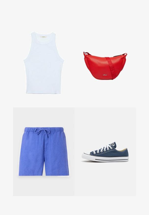 Débardeur blanc, texture côtelée, encolure ronde, design sans manches, forme ajustée, marque discrète sur l'étiquette à l'intérieur du col.; Shorts bleus en tissu léger, dotés d'une taille élastique avec cordon de serrage et d'une poche avant.; Baskets en toile bleu marine avec des œillets et des lacets blancs, présentant un capot en caoutchouc blanc et une bande noire le long de la semelle.; Sac à épaule en cuir rouge avec une forme arrondie, doté d'une sangle contrastante avec un logo en relief et une fermeture zippée. Texture lisse et matériel minimal.; Boucles d'oreilles en métal doré et argenté présentant des boucles rectangulaires entrelacées avec une finition lisse et une texture polie.