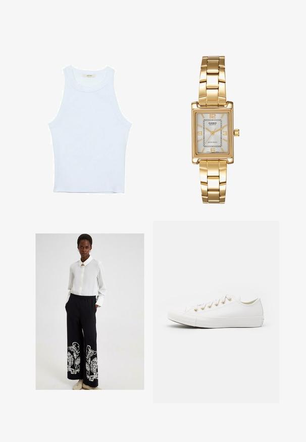 Biele tielko, rebrový textúra, okrúhly výstrih, bezrukávový dizajn, priliehavý strih, diskrétne logo na štítku vo vnútri oblasti goliera.; Touché Privé EMBROIDERED - Nohavice - black; Converse CHUCK TAYLOR ALL STAR - Tenisky - vintage white/light gold; Zlatý obdĺžnikový náramkový hodinky s bielym ciferníkom, striebornými indexmi a odolným kovovým náramkom. Obsahuje vodoodolnú funkciu.