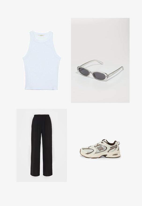 Canotta bianca, texture a coste, scollatura rotonda, design senza maniche, forma aderente, branding sottile sull'etichetta all'interno dell'area del colletto.; Pantaloni neri a gamba larga con cintura elasticizzata, realizzati in un tessuto testurizzato e con una vestibilità ampia. Progettati per il comfort e la libertà di movimento.; Scarpa sportiva bianca e marrone con tomaia in mesh, design curvo, suola ammortizzata e logo "N" sul lato. Suola esterna in gomma resistente.; Occhiali da sole con forma ovale, montatura in plastica trasparente, lenti grigie scure e aste sottili trasparenti con accenti di logo e dettagli minimi.