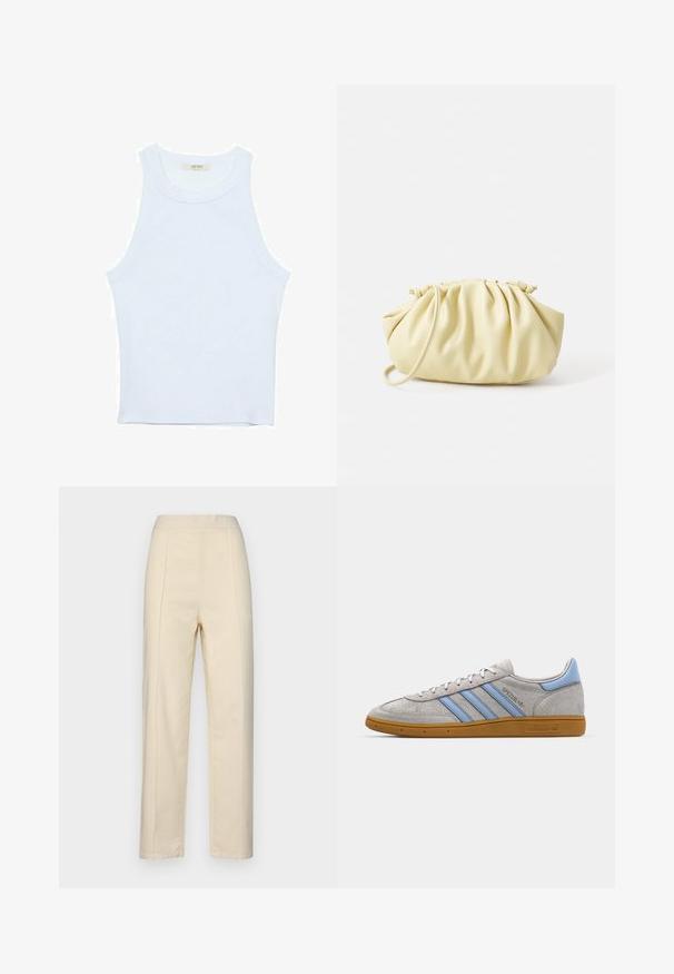 Biały top bez rękawów, prążkowana tekstura, okrągły dekolt, dopasowany krój, subtelne logo na metce wewnątrz obszaru kołnierza.; Kremowe spodnie typu straight-leg wykonane z bawełny, z plisami z przodu, gładką fakturą oraz elastycznym pasem bez widocznych elementów metalowych.; Szare zamszowe sneakersy z jasnoniebieskimi paskami, gumową podeszwą i akcentami logo. Niskoprofilowy design z okrągłym noskiem i sznurowanym zapięciem.; Żółta plisowana torebka wykonana z gładkiej sztucznej skóry, charakteryzująca się miękkim kształtem, pojedynczym paskiem na ramię oraz marszczonym designem u góry.