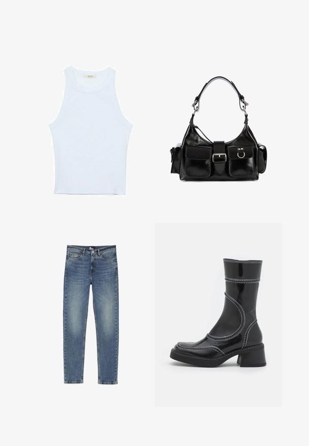 Biały top bez rękawów, prążkowana tekstura, okrągły dekolt, dopasowany krój, subtelne logo na metce wewnątrz obszaru kołnierza.; Niebieskie dżinsy o prostym kroju nogawki, z lekkim wyblaknięciem, pięcioma kieszeniami oraz zapięciem na guziki i zamek błyskawiczny.; Czarne lakierowane botki za kostkę z białym przeszyciem, okrągłym noskiem i słupkowym obcasem. Posiadają zakrzywione linie designu oraz gładką teksturę.; Czarna skórzana torebka z połyskiem, z centralną klamrą, dwiema przednimi kieszeniami i krótkim paskiem na ramię.