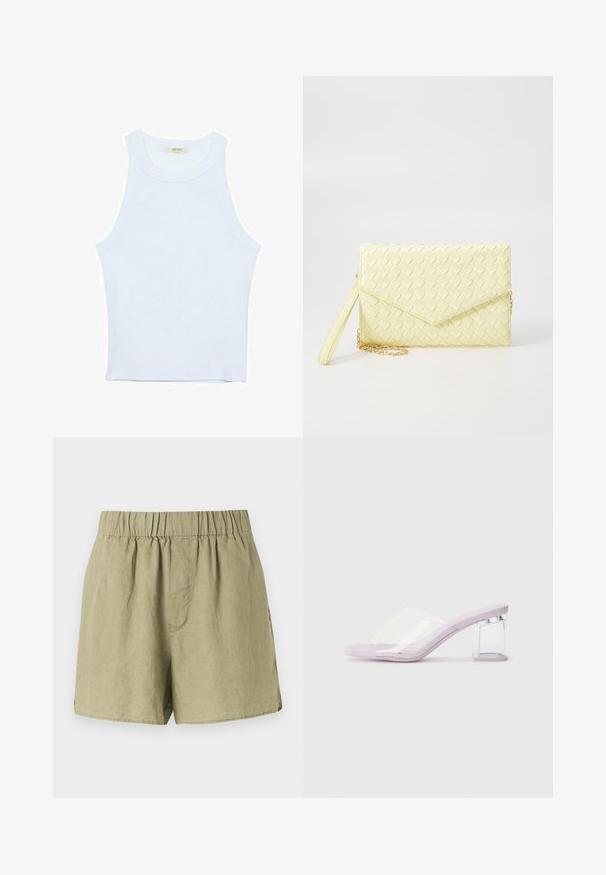 Bijela majica na bretele, rebrasta tekstura, okrugli izrez, bez rukava, uski kroj, suptilno brendiranje na etiketici unutar područja ovratnika.; Svijetlozelene lanene kratke hlače s elastičnom trakom u struku, bočnim džepovima i opuštenim krojem. Karakterizira ih gladak, blago teksturiran materijal.; Ljubičaste mule s petom, s prozirnim plastičnim gornjim dijelom i prozirnom blok petom. Glatka tekstura, dizajn s otvorenim prstima, minimalistički oblik.; Žuta pletena novčanica s preklopnim dizajnom, odvojivim remenom za zapešće i zlatnim lancem kao ukrasom. Glatka tekstura i pravokutni oblik.