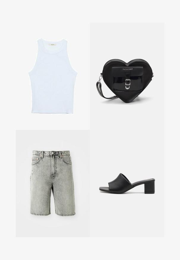 Hvid tanktop, ribbet tekstur, rund halsudskæring, ærmeløs design, tætsiddende form, diskret branding på mærket inden i kraveområdet.; Grå denim shorts med et klassisk fem-lomme design, en slidt finish og syet detaljering ved kanten og taljen.; Sorte læder mules med blokhæl og åben tå, med en glat overflade og let buet overdelsdesign for komfort og stil.; Sort hjertetask lavet af patentlæder med en frontlomme, der har en spænde-lukning og en aftagelig rem. Sølv hardware accenter.