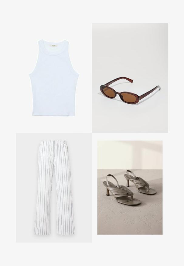 Hvid tanktop, ribbet tekstur, rund halsudskæring, ærmeløs design, tætsiddende form, diskret branding på mærket inden i kraveområdet.; Hvide bukser med blå lodrette striber, lavet af letvægtsstof. Har en elastisk talje og brede, flagrende ben.; Grå læder slingback højhælede sandaler med snoede frontremme og firkantede tåspidser, der har en lav blokhæl og tekstureret overflade.; Runde, bruntonede solbriller med en glansfuld bordeauxramme. Slanke arme med diskret brandingdetalje. Flad linsedesign.; ALDO THALELI - Håndtasker - navy