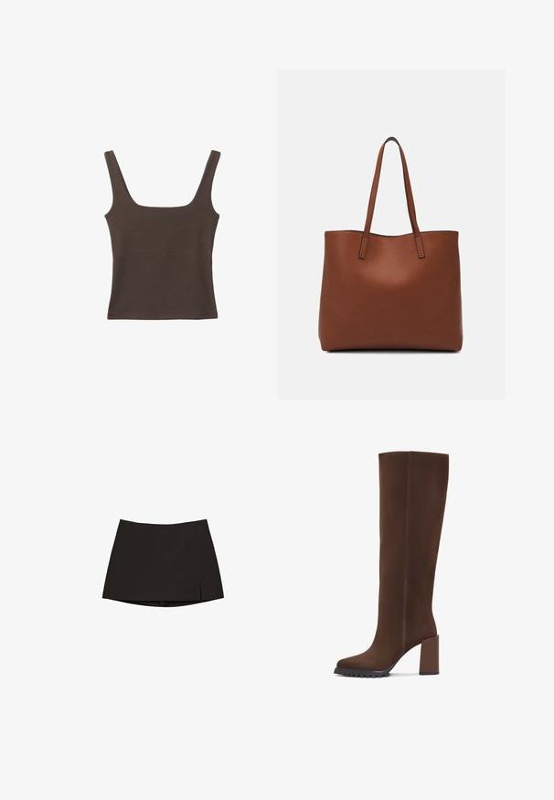 Braunes ärmelloses Oberteil mit quadratischem Ausschnitt, aus weichem, dehnbarem Stoff gefertigt. Verfügt über ein figurbetontes Design und flache Nähte.; Schwarzer Minirock mit geradem Schnitt und einem leichten Schlitz an der Seite. Hergestellt aus glattem Stoff, mit einem sauberen Saum und minimalistischem Design.; Braune knöchelhohe Stiefel aus weichem Material, mit einer quadratischen Zehenform, Blockabsatz und einer strukturierten Gummisohle. Klare Linien ohne Verzierungen.; Braune Leder-Tote mit glatter Textur, offenem Oberteil und zwei Schulterriemen. Verfügt über minimale Nähte und keine sichtbaren Beschläge.