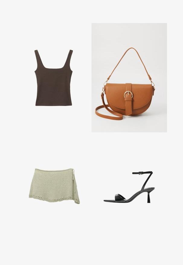 Haut sans manches marron avec un décolleté carré, fabriqué à partir d'un tissu doux et extensible. Présente un design ajusté et des coutures plates.; Jupe tricotée en vert clair avec un ourlet en dentelle festonnée, lien ajustable sur le côté et un tissu texturé.; Bershka Sandales à talons hauts - black; Sac bandoulière en cuir marron avec une forme incurvée, quincaillerie dorée et un accent en boucle. Comprend une bandoulière détachable.