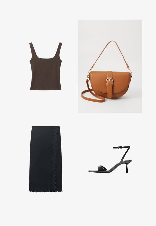 Ruskea hihaton toppi, jossa on neliönmuotoinen kaula-aukko, valmistettu pehmeästä ja joustavasta kankaasta. Ominaisuuksiin kuuluu istuva muotoilu ja sileät saumat.; Musta polvipituinen hame, jossa on aaltoileva pitsireunus oikealla puolella ja helman kohdalla, ja joka sisältää kukkaleikkauksia.; Bershka Korolliset sandaalit - black; Ruskean nahkainen olkalaukku, jossa on kaareva muoto, kultaiset yksityiskohdat ja solkiyksityiskohta. Varustettu irrotettavalla olkahihnalla.