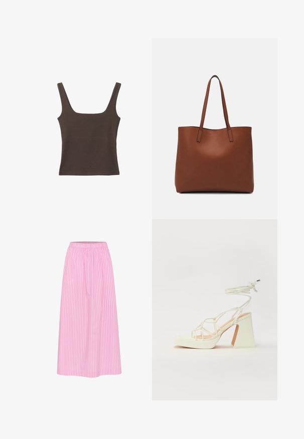 Hnedý bezrúškový top so štvorcovým výstrihom, vyrobený z mäkkého, elastického materiálu. Má priliehavý strih a ploché švy.; Ružová pruhovaná sukňa s elastickým pásom, mid-length a ľahkým materiálom. Má vertikálne biele pruhy pre klasický vzhľad.; Biele sandále na vysokom opätku s hrubým podpätkom, s pruhovaným dizajnom a viazaním na členku. Hladký povrch s platformou vpredu pre zvýšenú výšku.; Hnedá kožená taška na rameno s hladkou textúrou, otvoreným vrchom a dvoma ramenými popruhmi. Má minimálne šitia a žiadne viditeľné kovania.