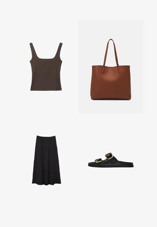 Braunes ärmelloses Oberteil mit quadratischem Ausschnitt, aus weichem, dehnbarem Stoff gefertigt. Verfügt über ein figurbetontes Design und flache Nähte.; Schwarzer, gestufter Maxirock aus leichtem Stoff. Elastischer Bund mit drei horizontalen Rüschchen, die eine fließende Silhouette bieten.; Schwarze Riemensandale mit zwei goldenen Schnallendetails, glattem Material, flachem Sohlen und minimalistischer Gestaltung.; Braune Leder-Tote mit glatter Textur, offenem Oberteil und zwei Schulterriemen. Verfügt über minimale Nähte und keine sichtbaren Beschläge.