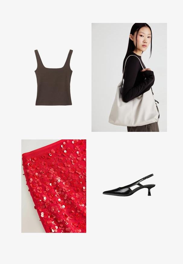Braunes ärmelloses Oberteil mit quadratischem Ausschnitt, aus weichem, dehnbarem Stoff gefertigt. Verfügt über ein figurbetontes Design und flache Nähte.; Roter Stoff, der mit glänzenden roten Pailletten in Blumenform bedeckt ist und verschiedene Größen und Texturen aufweist, wodurch ein geschichteter, strukturierter Eindruck entsteht.; Schwarze Lackleder-Slingback-High Heels mit spitzer Zehenform, ausgeschnittenem Seitendesign und kleinem Blockabsatz. Glatte Textur mit minimalen Akzenten.; Beige Handtasche aus weichem Material, mit einem lässigen Design, gesteppten Details und zwei Schulterriemen. Geeignet für den täglichen Gebrauch.