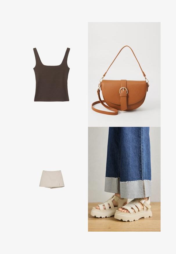 Haut sans manches marron avec un décolleté carré, fabriqué à partir d'un tissu doux et extensible. Présente un design ajusté et des coutures plates.; Jupe-culotte beige pour femmes avec une légère fente avant et un short intégré en dessous, présentée sur un fond blanc.; Des sandales à plateforme beiges avec de épais semelles présentent un design à lanières et des sangles de cheville réglables. Portées avec un pantalon en denim à jambes larges, un ourlet est effiloché.; Sac bandoulière en cuir marron avec une forme incurvée, quincaillerie dorée et un accent en boucle. Comprend une bandoulière détachable.