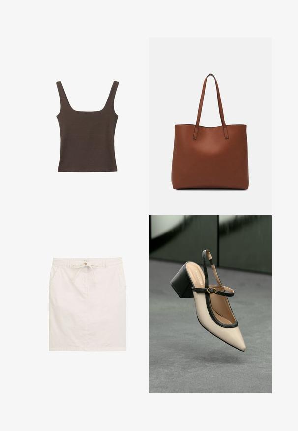 Hnedý bezrúškový top so štvorcovým výstrihom, vyrobený z mäkkého, elastického materiálu. Má priliehavý strih a ploché švy.; Biela bavlnená sukňa s pásom na sťahovanie, dvoma bočnými vreckami a rovný strih. Jemná textúra s hladkým povrchom.; Béžová lodička so špicatou špičkou, s čiernym lemom, zlatou prackou a robustným blokovým podpätkom na šedom podlahe s tmavozeleným pozadím.; Hnedá kožená taška na rameno s hladkou textúrou, otvoreným vrchom a dvoma ramenými popruhmi. Má minimálne šitia a žiadne viditeľné kovania.