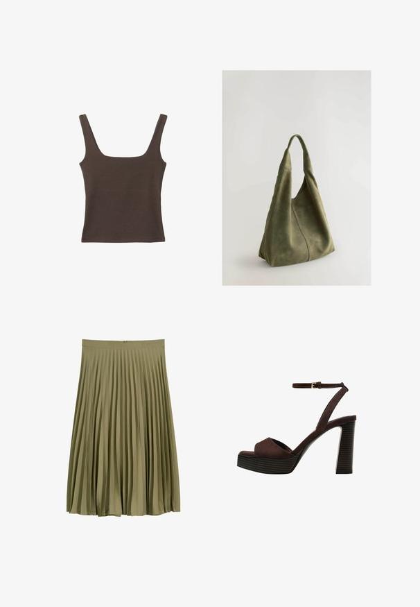 Hnědý bezramínkový top se čtvercovým výstřihem vyrobený z měkké, elastické tkaniny. Má přiléhavý design a ploché švy.; Olivově zelená midi sukně s plisováním, s pasem a skrytým zipem na zadní straně.; Hnědé semišové sandály na vysokém podpatku s otevřenou špičkou, nastavitelným páskem kolem kotníku a proužkovou platformou.; Zelená semišová taška s měkkou texturou, volným designem a šitými švy. Má jedno ucho a otevřenou hlavní přihrádku.
