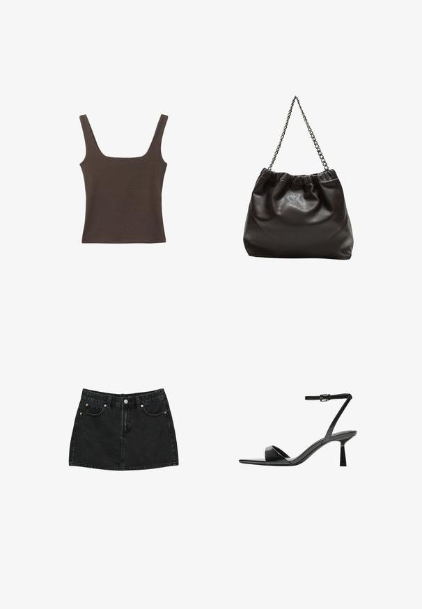 Top senza maniche marrone con scollo quadrato, realizzato in tessuto morbido ed elastico. Presenta un design aderente e cuciture piatte.; Gonna mini in denim nero con bottone frontale, passanti per cintura e due tasche frontali con rivetti in rame, stesa su sfondo bianco.; Bershka Sandali con tacco - black; Borsa in pelle marrone con parte superiore arricciata e tracolla a catena. Texture liscia con finitura lucida e dettagli di cucitura sottili sui lati.