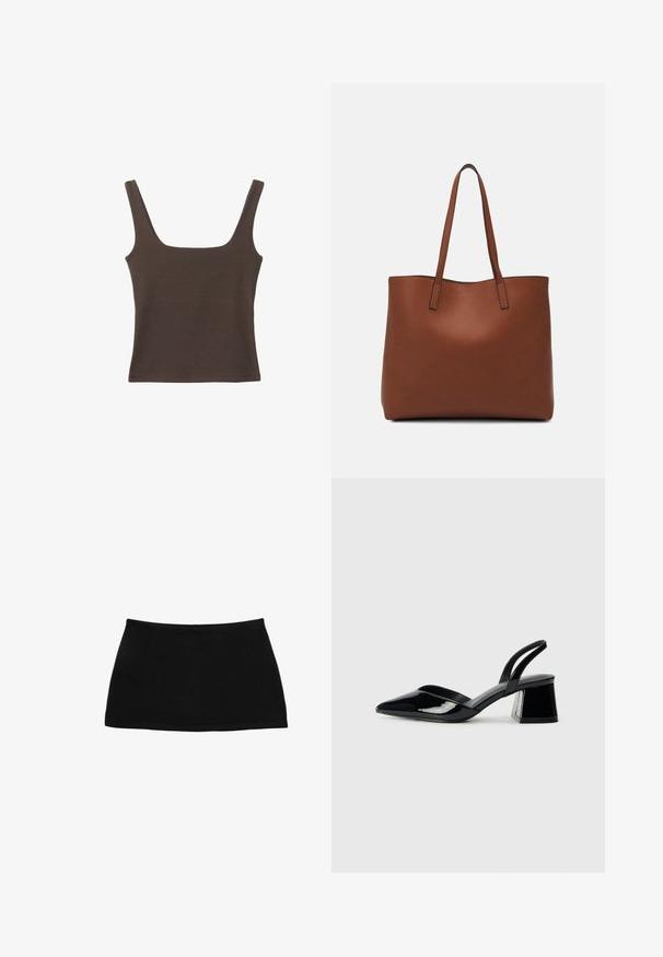 Braunes ärmelloses Oberteil mit quadratischem Ausschnitt, aus weichem, dehnbarem Stoff gefertigt. Verfügt über ein figurbetontes Design und flache Nähte.; Schwarzer Baumwoll-Minirock mit einem taillierten Bund. Glatte Textur, schlichtes Design und gerader Saum. Keine zusätzlichen Muster oder sichtbaren Beschläge.; Schwarze Lackleder-Slingback-High Heels mit spitzem Schuh und einem geometrischen Blockabsatz. Verfügt über ein schlankes, minimalistisches Design und eine glatte Textur.; Braune Leder-Tote mit glatter Textur, offenem Oberteil und zwei Schulterriemen. Verfügt über minimale Nähte und keine sichtbaren Beschläge.