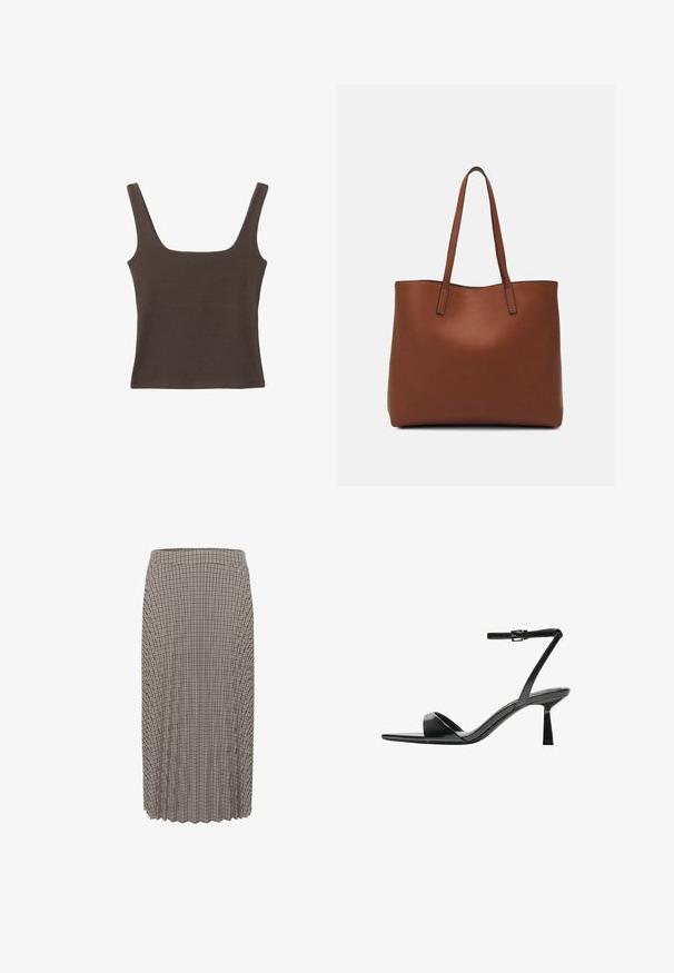 Brun ärmlös topp med fyrkantig halsringning, tillverkad av mjukt, elastiskt tyg. Har en figurnära design och plana sömmar.; Plisserad midikjol i ett svartvitt rutmönster. Har en linning och textil med struktur samt en rak skärning.; Bershka Sandaletter - black; Brun läder tote-väska med en slät textur, öppen toppdesign och två axelremmar. Har minimal söm och ingen synlig metalldetalj.