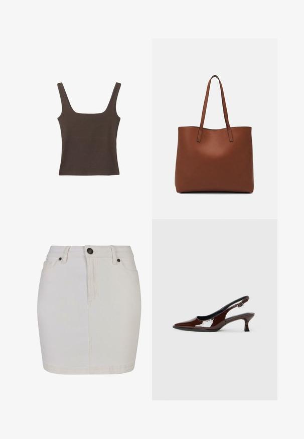 Ruskea hihaton toppi, jossa on neliönmuotoinen kaula-aukko, valmistettu pehmeästä ja joustavasta kankaasta. Ominaisuuksiin kuuluu istuva muotoilu ja sileät saumat.; Valkoinen denimi-hame, jossa on vartalonmyötäinen muotoilu, nappisuljenta, vyölenkit ja klassinen viisi-taskumalli. Sileä pinta ja polvenpituinen.; Ruske patentin nahkalijatke sa špicastim nosom i umjerenom petom. Sadrže remen s kopčom za sigurno pristajanje. Glatka tekstura.; Ruskea nahkainen olkalaukku, jossa on sileä pinta, avoin yläosa ja kaksi olkahihnaa. Omaavat vain minimaalisen ompelun eikä näkyvää metalliosaa.