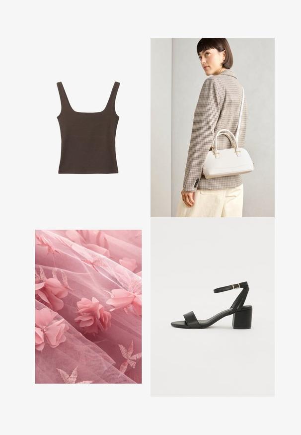 Hnedý bezrúškový top so štvorcovým výstrihom, vyrobený z mäkkého, elastického materiálu. Má priliehavý strih a ploché švy.; Ružová tylová látka s kvetinovými aplikáciami a vyšívanými listovými vzormi, s jemnou, priesvitnou textúrou a viacerými vrstvami.; Čierne sandále na podpätku so hladkým koženým vrchom, otvorenou špičkou, širokými prednými prúžkami a nastaviteľným členkovým popruhom so zlatým prackom.; Biela štruktúrovaná kabelka s krátkymi rúčkami a ramenným popruhom, s zlatými kovovými prvkami a textúrovaným materiálom, vystavená na šedom pozadí.