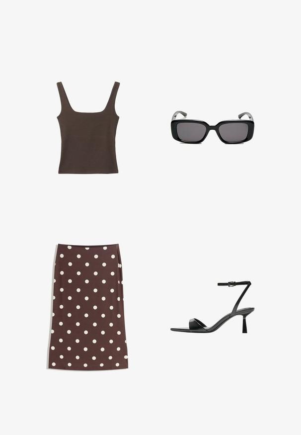 Hnedý bezrúškový top so štvorcovým výstrihom, vyrobený z mäkkého, elastického materiálu. Má priliehavý strih a ploché švy.; Hnedá sukňa s bielymi bodkami, rovný strih, po kolená, vyrobená z hladkej tkaniny s elastickým pásom.; Bershka Sandále na vysokom opätku - black; Čierne obdĺžnikové slnečné okuliare s tmavými sklami, hladkým plastovým rámom a zakrivenými stranami. Dizajn je robustný s minimalistickou estetikou.