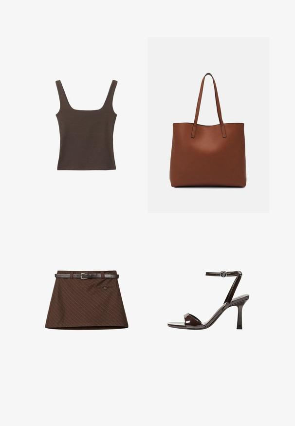 Smešani smeđi top bez rukava sa kvadratnim izrezom, izrađen od mekanog, rastezljivog materijala. Ima kroj koji se uklapa i ravne šavne.; Smeđa suknja s suptilnim uzorkom prugica, koja uključuje smeđi kožni pojas, jednu prednju džep i strukturiran A-linijski oblik.; Smeđi lakirani kožni sandali s visokim potpeticama, remenom oko članka, otvorenim prstima i elegantnim, minimalističkim dizajnom. Imaju kvadratnu potpeticu.; Smeđa kožna torba preko ramena s glatkom teksturom, otvorenim vrhom i dvjema naramenicama. Ima minimalne šavove i nema vidljivog hardvera.