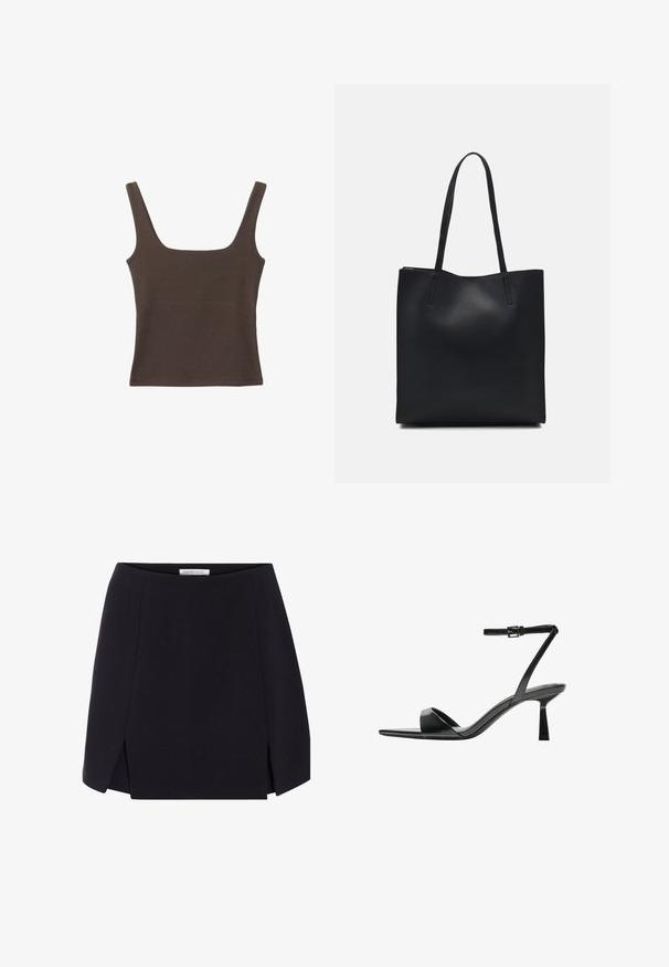 Top senza maniche marrone con scollo quadrato, realizzato in tessuto morbido ed elastico. Presenta un design aderente e cuciture piatte.; Gonna nera a linea A con una texture liscia, caratterizzata da spacchi laterali e un design pulito e minimalista. Etichetta visibile in vita.; Bershka Sandali con tacco - black; Borsa tote in pelle nera con texture liscia, forma rettangolare e due manici lunghi. Nessun hardware o decorazione visibile.