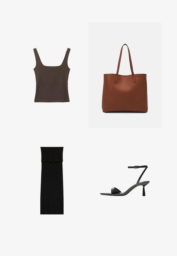 Rjava brezrokavna majica s kvadratnim izrezom, narejena iz mehkega, elastičnega materiala. Ima oprijet kroj in ravne šive.; Črna obleka do tal s prilegajočim zgornjim delom in elegantnim, minimalističnim dizajnom. Narejena iz gladkega blaga, z enotno barvo brez vzorcev.; Bershka Sandali z visoko peto - black; Rjava usnjena torba z gladko teksturo, odprto zasnovo zgoraj in dvema naramnima trakovoma. Opremljena je z minimalnim šivanjem in brez vidnih kovinskih delov.